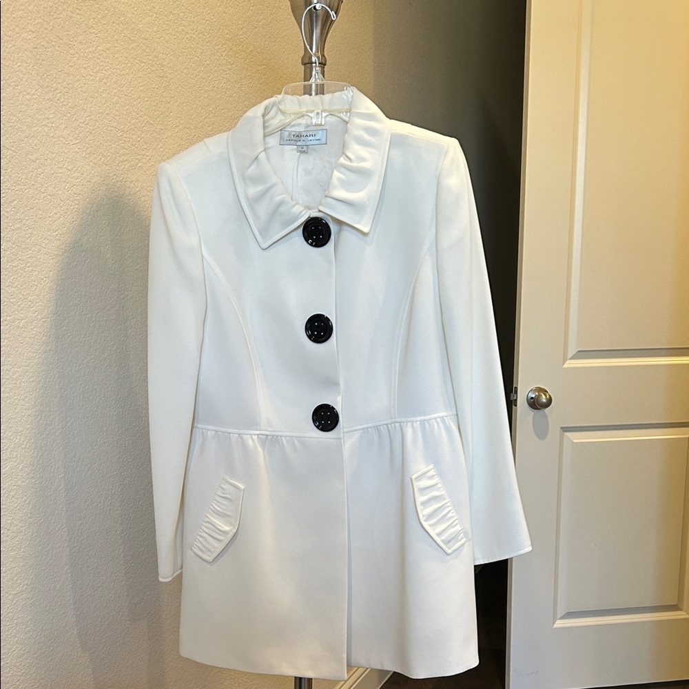 Tahari Woman White Pea Coat with Black Buttons